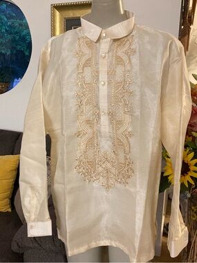 Traditional Embroidered 4XL Barong Tagalog Organza Double Lining Cream Shirt